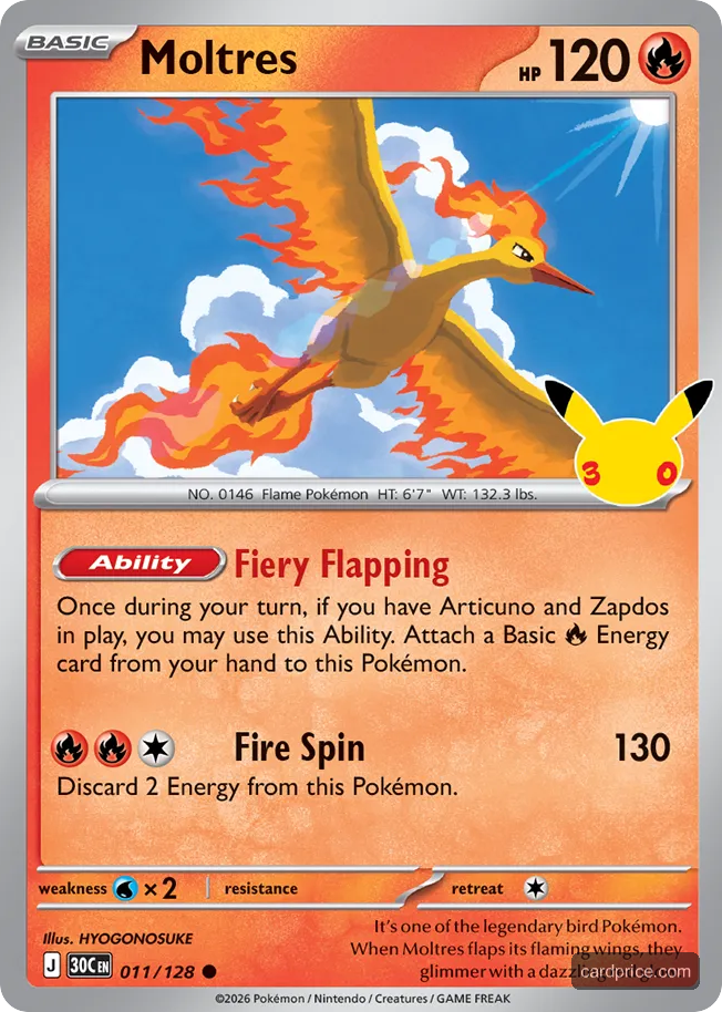 Moltres #11/128 30th Celebration Pokémon card