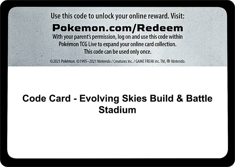 Code Card - Evolving Skies Build & Battle Stadium sealed Pokémon TCG product