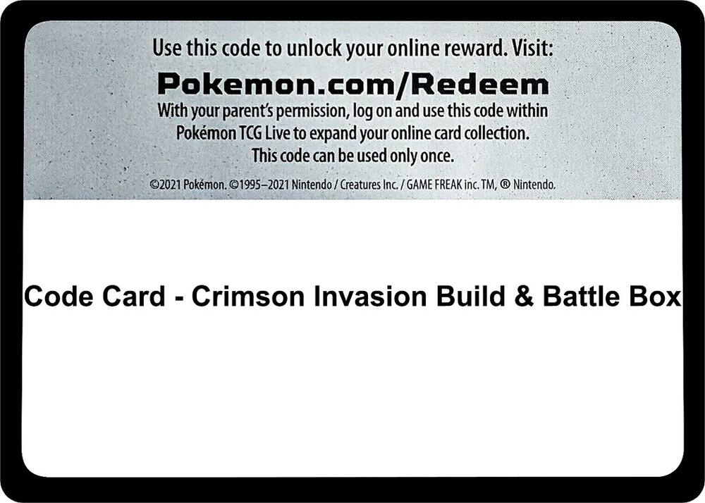Code Card - Crimson Invasion Build & Battle Box sealed Pokémon TCG product