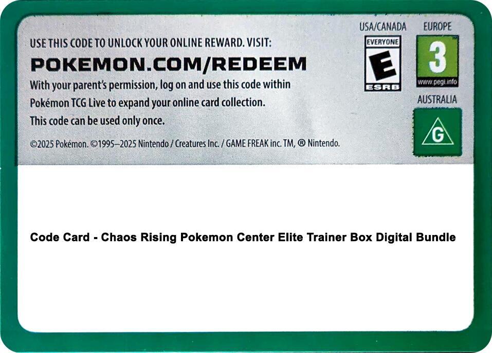Code Card - Chaos Rising Pokemon Center Elite Trainer Box Digital Bundle sealed Pokémon TCG product